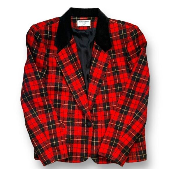 Vintage Petite Blazer Jacket Tailored Red Black Tartan Plaid Velvet Preppy 12 - Picture 6 of 9